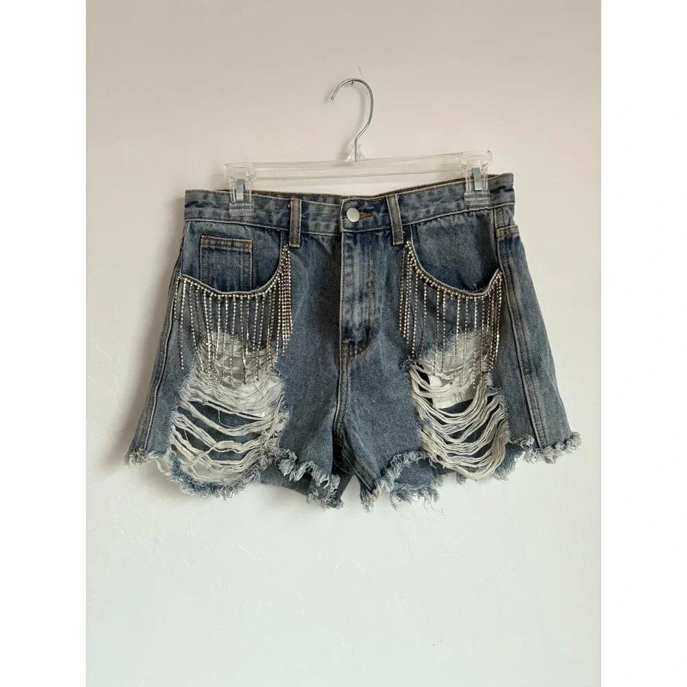 POL Distressed Light Blue Denim Jean Shorts with Silver Fringe - Picture 2 of 6